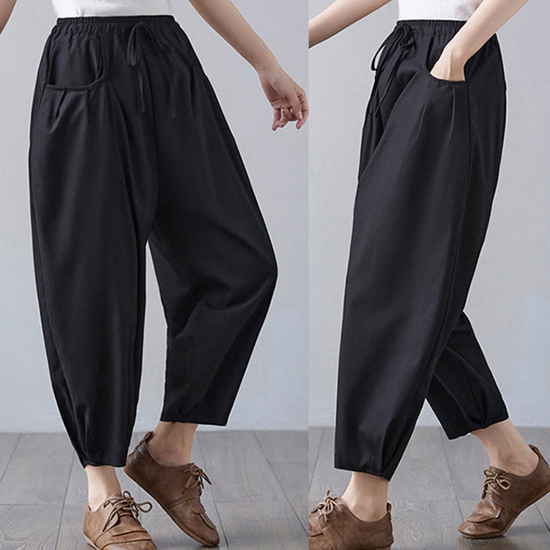 Pantaloni harem da donna in cotone e lino con tasche, Buddha Stones, modello estivo semplice e cropped - image 19