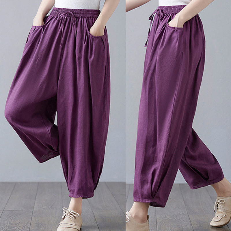 Pantaloni harem da donna in cotone e lino con tasche, Buddha Stones, modello estivo semplice e cropped - image 27