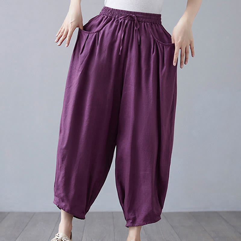Pantaloni harem da donna in cotone e lino con tasche, Buddha Stones, modello estivo semplice e cropped - image 21