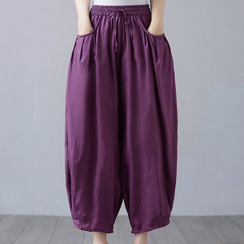 Pantaloni harem da donna in cotone e lino con tasche, Buddha Stones, modello estivo semplice e cropped - Viola - US12, UK/AU16, EU44 (3XL) - image 21