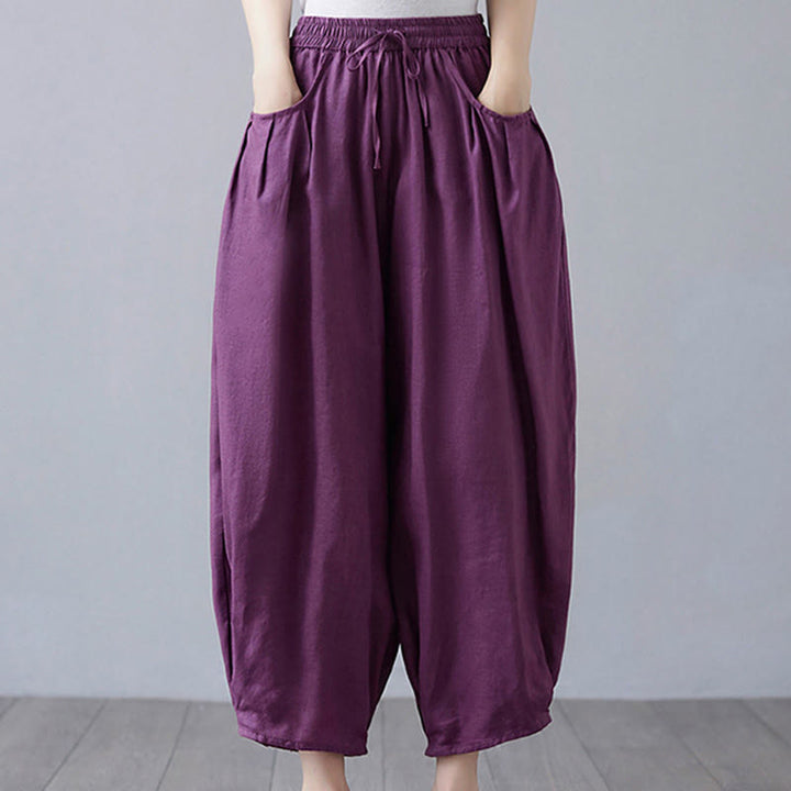 Pantaloni harem da donna in cotone e lino con tasche, Buddha Stones, modello estivo semplice e cropped - Viola - US12, UK/AU16, EU44 (3XL) - image 21
