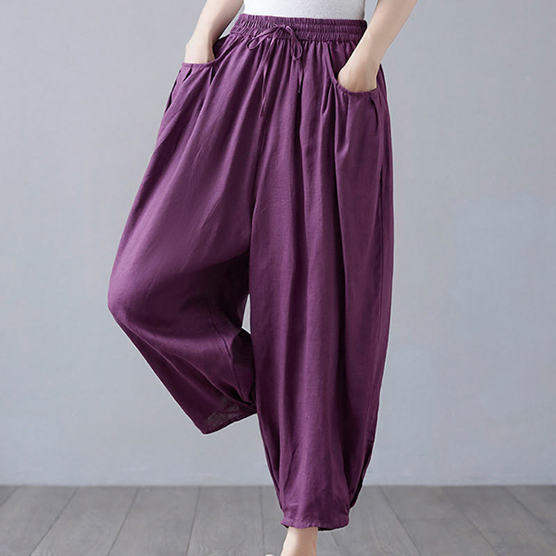 Pantaloni harem da donna in cotone e lino con tasche, Buddha Stones, modello estivo semplice e cropped - image 26