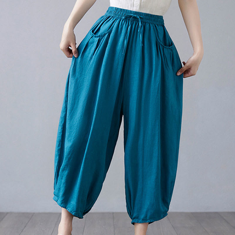 Pantaloni harem da donna in cotone e lino con tasche, Buddha Stones, modello estivo semplice e cropped - Blu cielo profondo - US12, UK/AU16, EU44 (3XL) - image 28