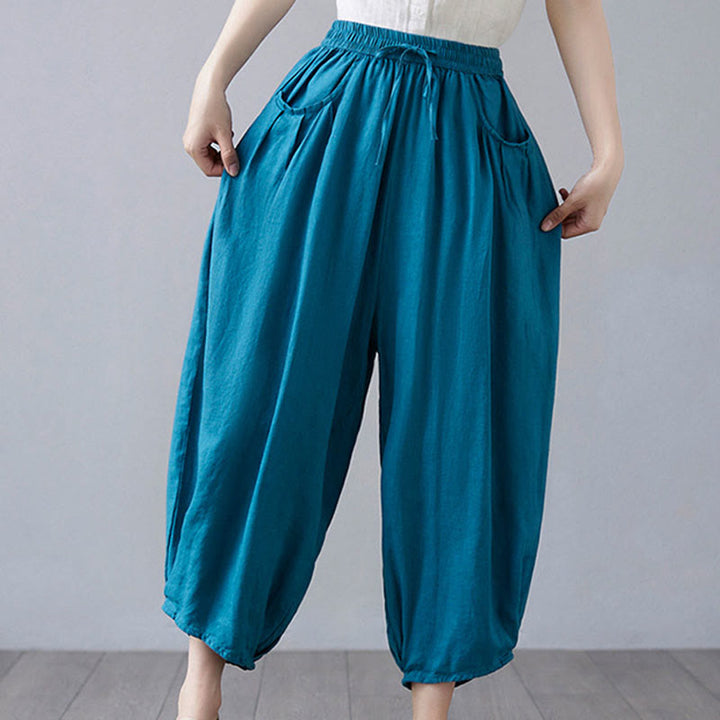 Pantaloni harem da donna in cotone e lino con tasche, Buddha Stones, modello estivo semplice e cropped - Blu cielo profondo - US12, UK/AU16, EU44 (3XL) - image 28