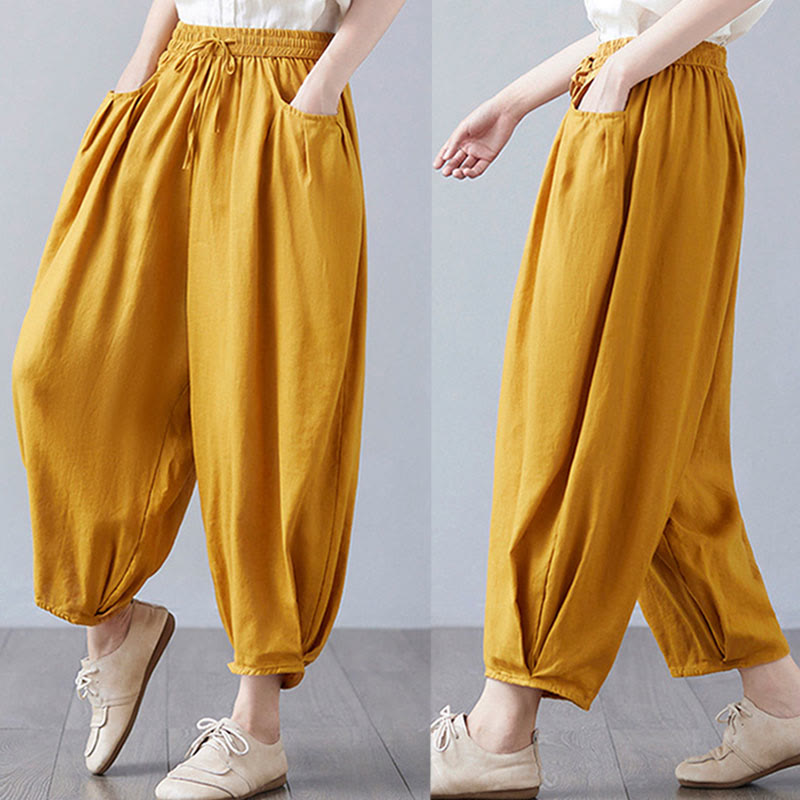 Pantaloni harem da donna in cotone e lino con tasche, Buddha Stones, modello estivo semplice e cropped - image 39