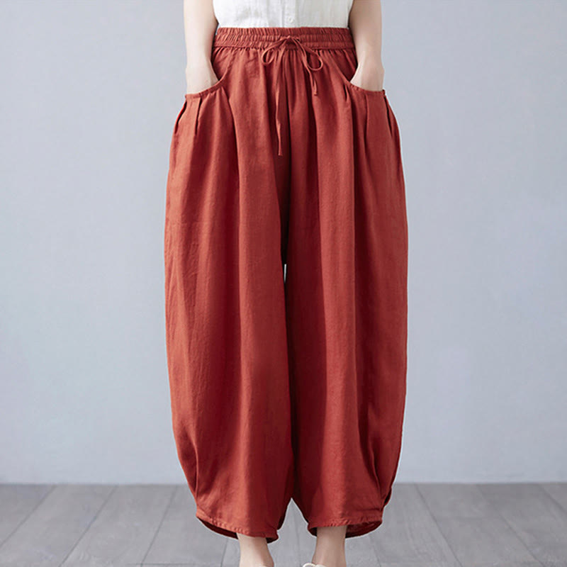Pantaloni harem da donna in cotone e lino con tasche, Buddha Stones, modello estivo semplice e cropped - IndianRed - US12, UK/AU16, EU44 (3XL) - image 40