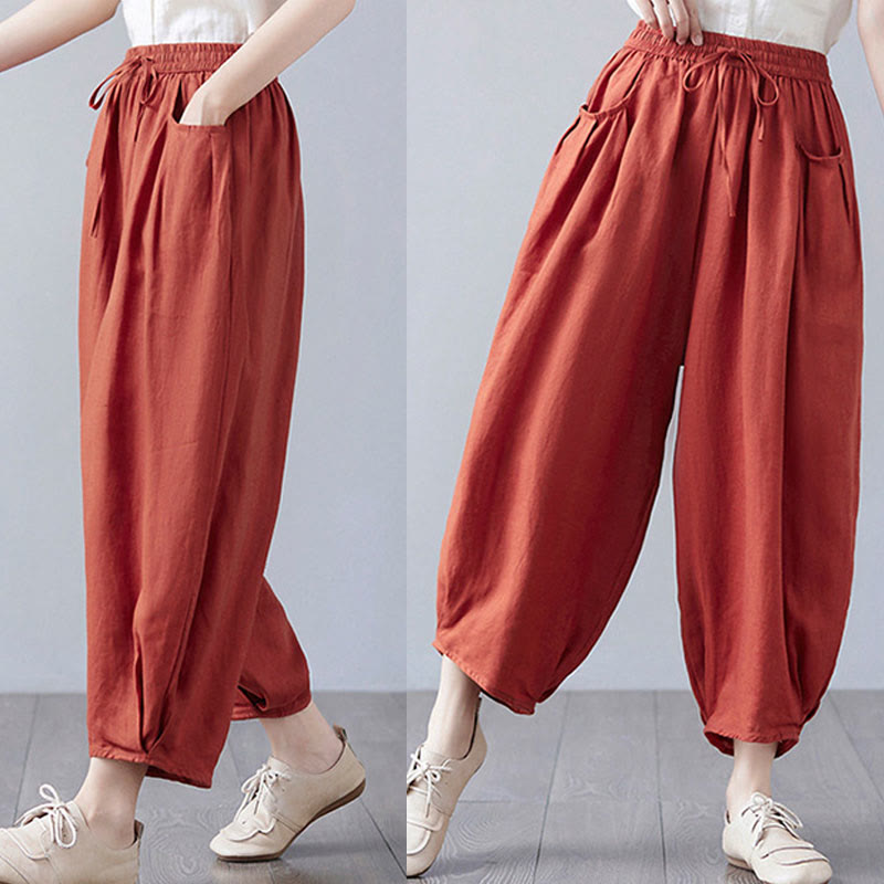 Pantaloni harem da donna in cotone e lino con tasche, Buddha Stones, modello estivo semplice e cropped - image 44