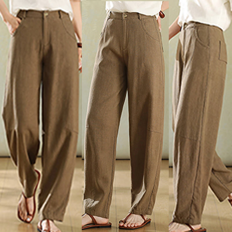 Pantaloni da donna in lino con tasche e bottoni color puro Buddha Stones - image 2