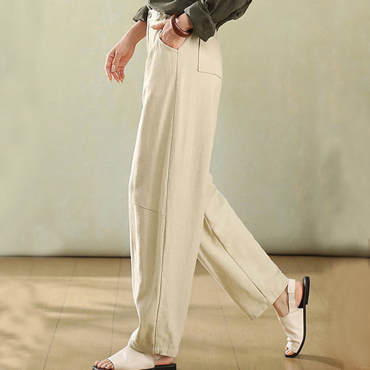Pantaloni da donna in lino con tasche e bottoni color puro Buddha Stones - image 4