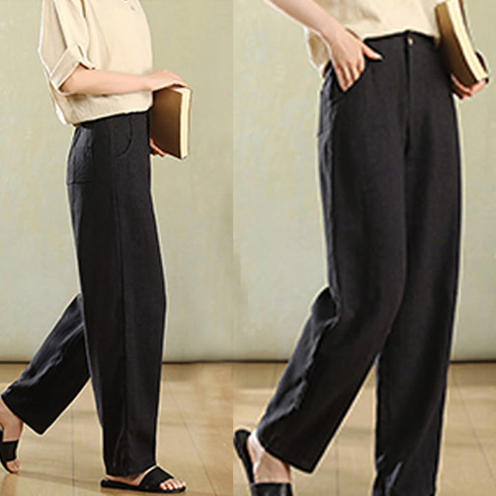 Pantaloni da donna in lino con tasche e bottoni color puro Buddha Stones - image 15