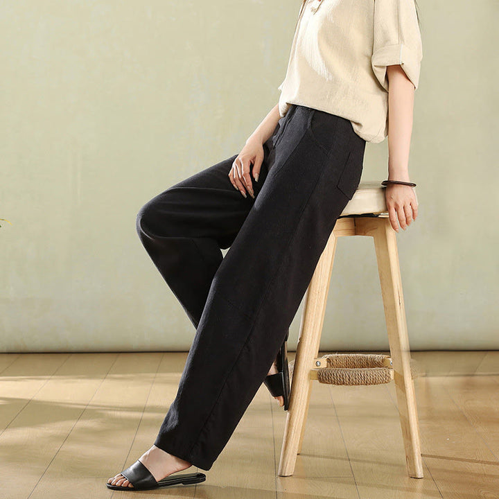 Pantaloni da donna in lino con tasche e bottoni color puro Buddha Stones - Nero - US6, UK/AU10, EU38 (XL) - image 13