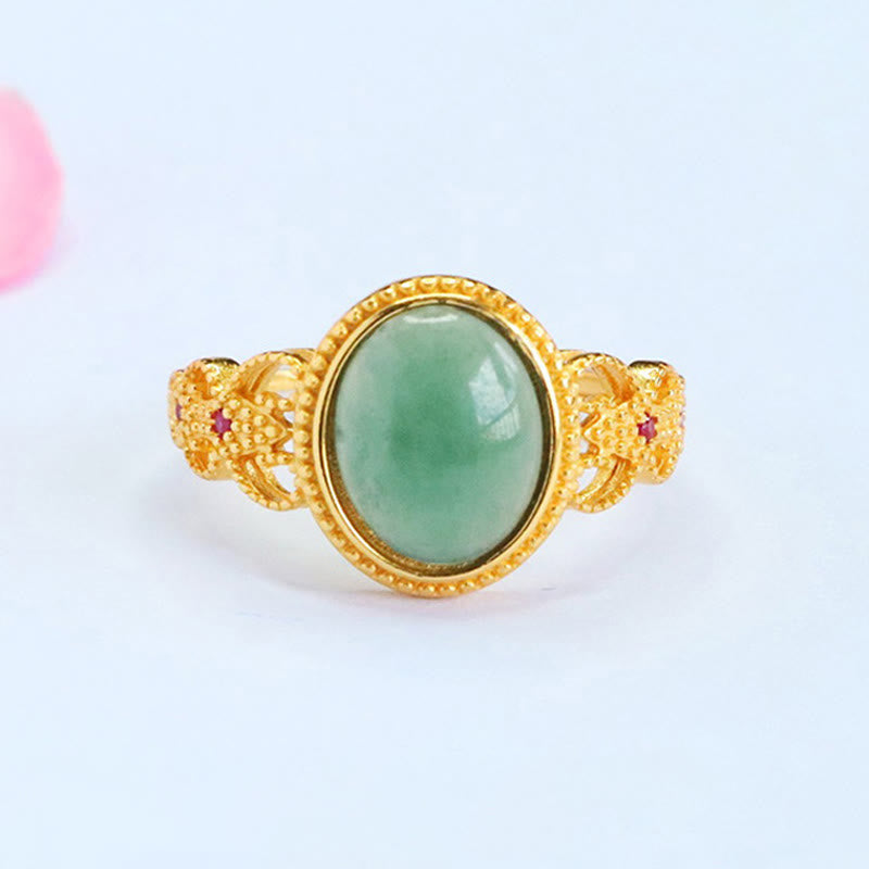 Anello portafortuna in giada con design cavo, placcato in oro e argento sterling 925 naturale Buddha Stones - Giada - image 1