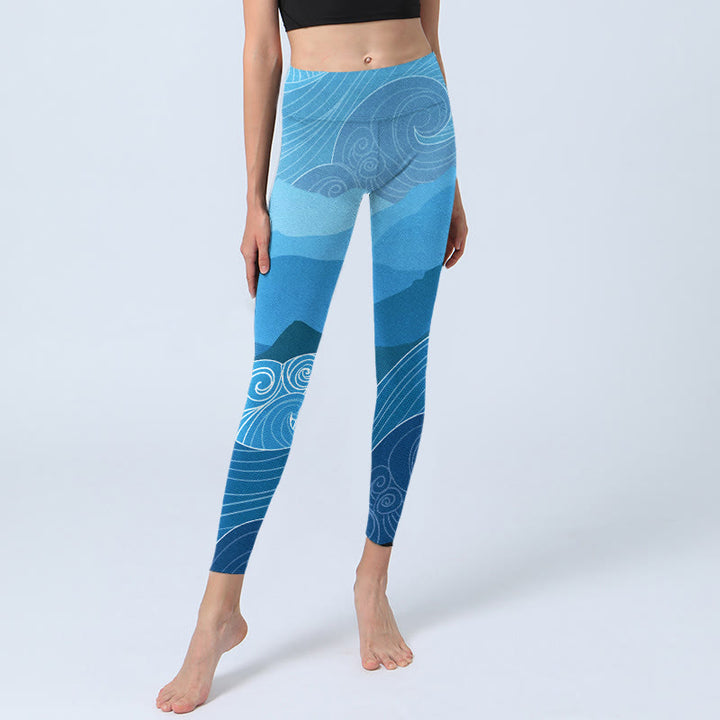 Leggings da palestra con stampa di Buddha Stones Blue Waves Mountains, pantaloni da yoga da donna - image 6
