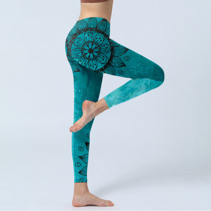 Leggings da palestra con stampa di Buddha Stones Green Sunflowers Blossoms, pantaloni da yoga da donna - image 3