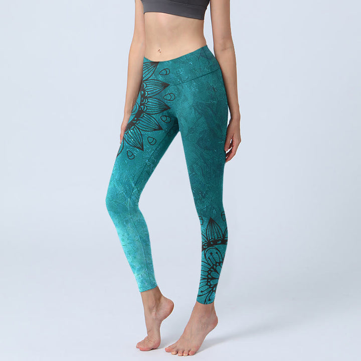 Leggings da palestra con stampa di Buddha Stones Green Sunflowers Blossoms, pantaloni da yoga da donna - CadetBlue - US18, UK/AU22, EU50 (4XL) - image 0