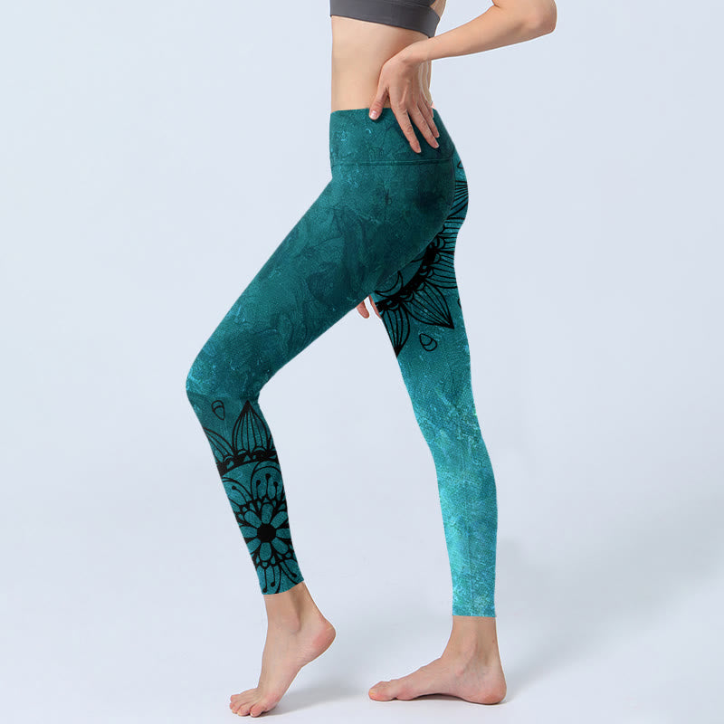 Leggings da palestra con stampa di Buddha Stones Green Sunflowers Blossoms, pantaloni da yoga da donna - image 3