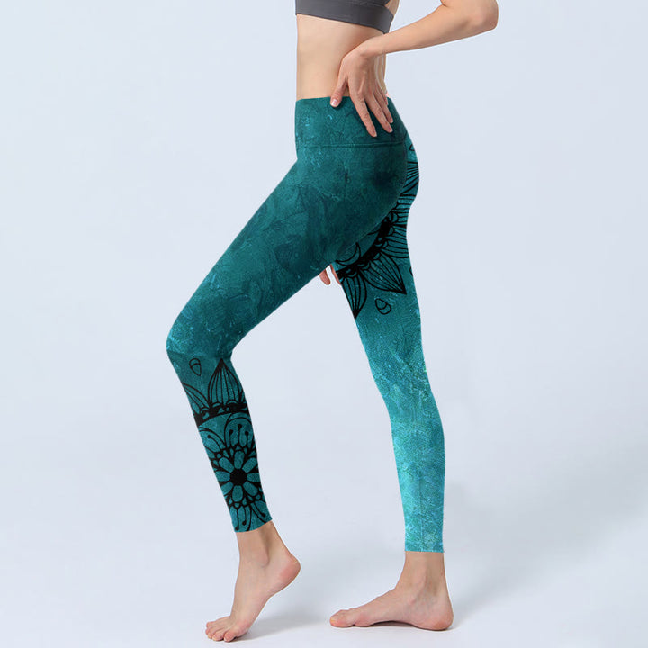Leggings da palestra con stampa di Buddha Stones Green Sunflowers Blossoms, pantaloni da yoga da donna - image 2