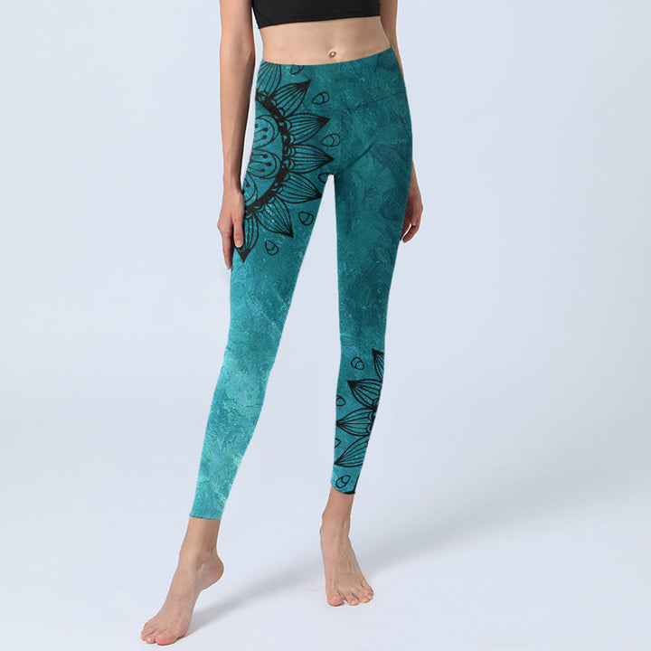 Leggings da palestra con stampa di Buddha Stones Green Sunflowers Blossoms, pantaloni da yoga da donna - image 5