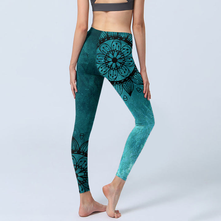 Leggings da palestra con stampa di Buddha Stones Green Sunflowers Blossoms, pantaloni da yoga da donna - image 5