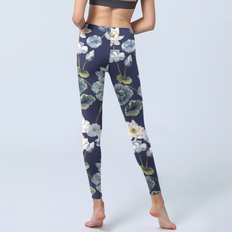 Leggings da palestra con stampa a olio di fiori di loto blu e bianchi Buddha Stones, pantaloni da yoga da donna - image 6