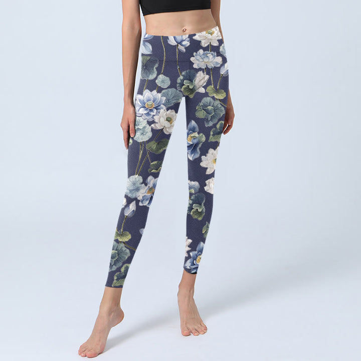 Leggings da palestra con stampa a olio di fiori di loto blu e bianchi Buddha Stones, pantaloni da yoga da donna - image 6