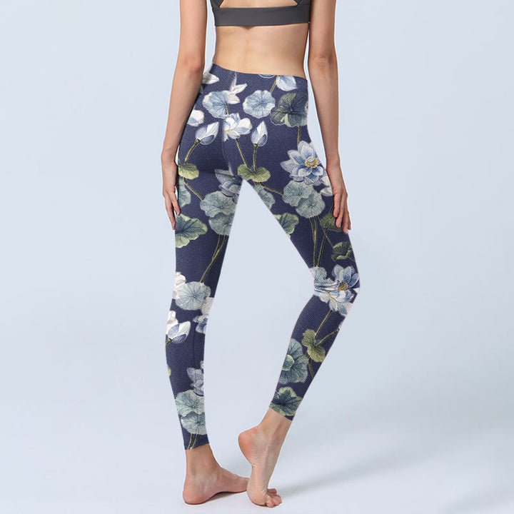 Leggings da palestra con stampa a olio di fiori di loto blu e bianchi Buddha Stones, pantaloni da yoga da donna - image 5