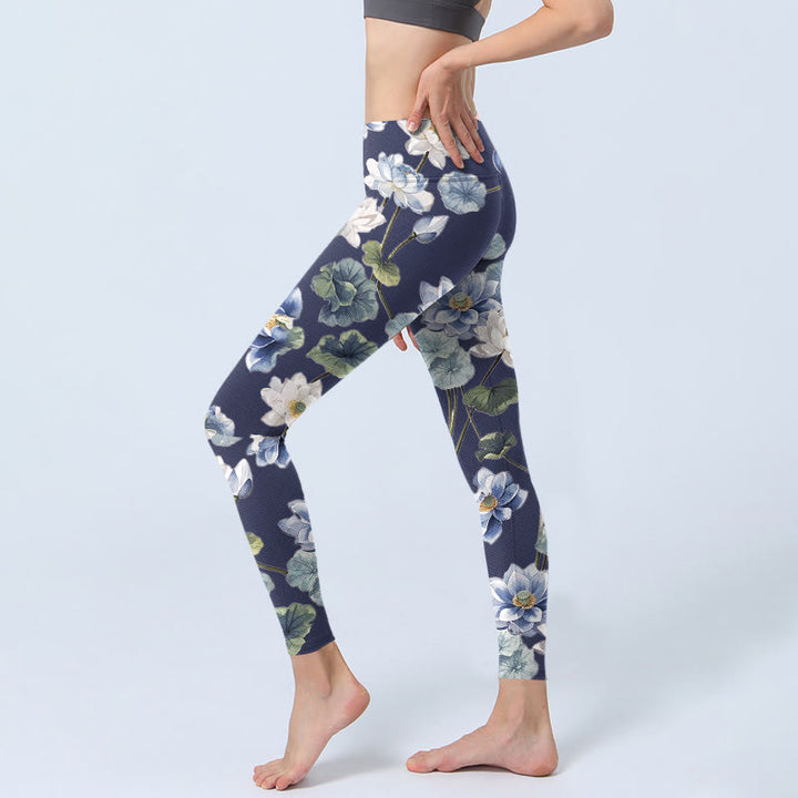 Leggings da palestra con stampa a olio di fiori di loto blu e bianchi Buddha Stones, pantaloni da yoga da donna - image 2