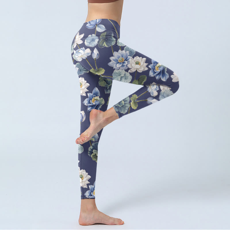 Leggings da palestra con stampa a olio di fiori di loto blu e bianchi Buddha Stones, pantaloni da yoga da donna - image 4