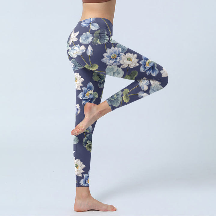 Leggings da palestra con stampa a olio di fiori di loto blu e bianchi Buddha Stones, pantaloni da yoga da donna - image 4