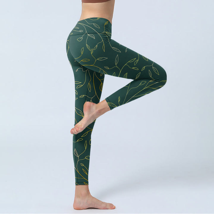 Leggings da palestra con stampa di foglie dorate verdi e rami Buddha Stones, pantaloni da yoga da donna - image 3