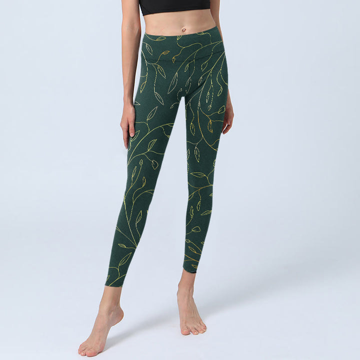 Leggings da palestra con stampa di foglie dorate verdi e rami Buddha Stones, pantaloni da yoga da donna - image 5
