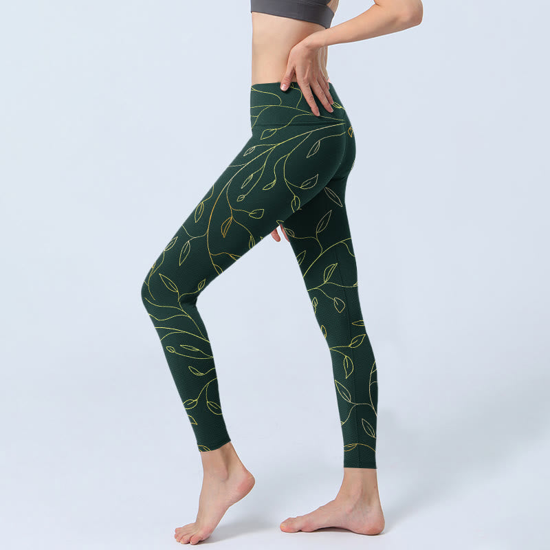 Leggings da palestra con stampa di foglie dorate verdi e rami Buddha Stones, pantaloni da yoga da donna - image 2