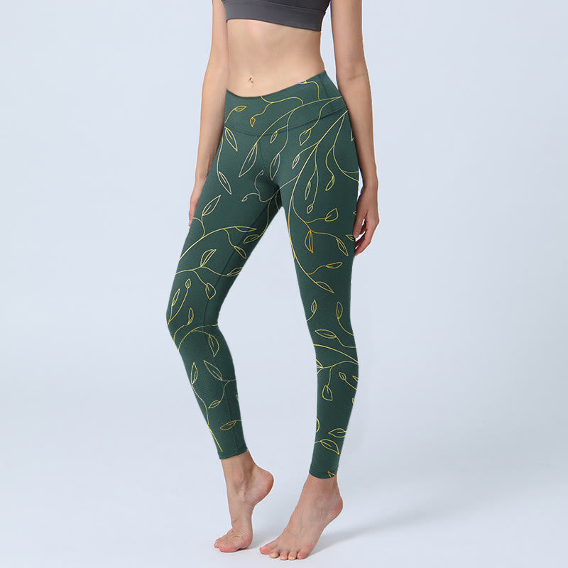Leggings da palestra con stampa di foglie dorate verdi e rami Buddha Stones, pantaloni da yoga da donna - SeaGreen - US18, UK/AU22, EU50 (4XL) - image 1