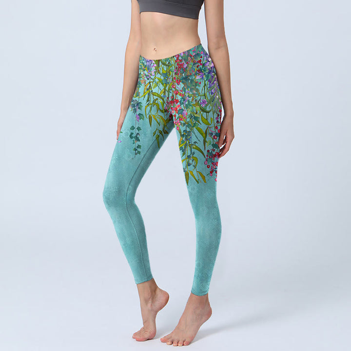 Leggings da palestra con stampa di foglie di salice verde e fiori vibranti Buddha Stones, pantaloni da yoga da donna - Turchese medio - US18, UK/AU22, EU50 (4XL) - image 0