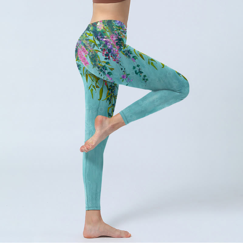 Leggings da palestra con stampa di foglie di salice verde e fiori vibranti Buddha Stones, pantaloni da yoga da donna - image 3