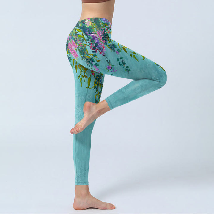 Leggings da palestra con stampa di foglie di salice verde e fiori vibranti Buddha Stones, pantaloni da yoga da donna - image 3