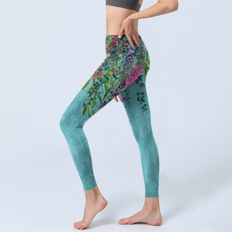 Leggings da palestra con stampa di foglie di salice verde e fiori vibranti Buddha Stones, pantaloni da yoga da donna - image 3