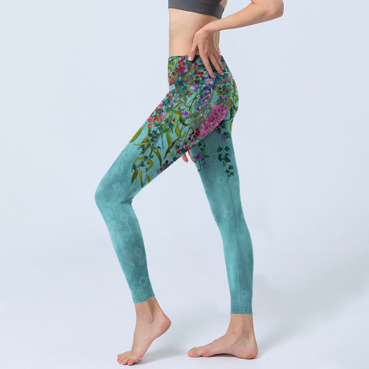 Leggings da palestra con stampa di foglie di salice verde e fiori vibranti Buddha Stones, pantaloni da yoga da donna - image 3