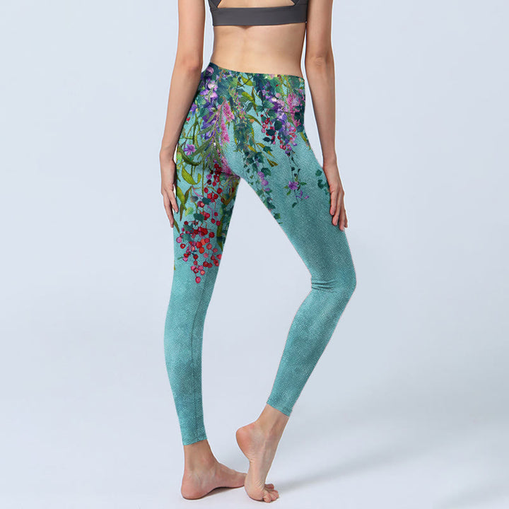 Leggings da palestra con stampa di foglie di salice verde e fiori vibranti Buddha Stones, pantaloni da yoga da donna - image 5
