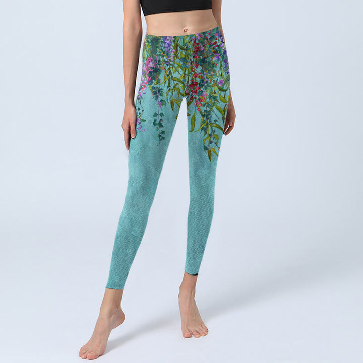 Leggings da palestra con stampa di foglie di salice verde e fiori vibranti Buddha Stones, pantaloni da yoga da donna - image 5