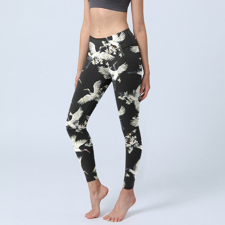Leggings da palestra con stampa Buddha Stones White Cranes Blossoms, pantaloni da yoga da donna - Nero - US18, UK/AU22, EU50 (4XL) - image 0