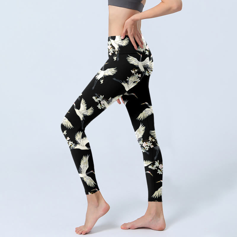 Leggings da palestra con stampa Buddha Stones White Cranes Blossoms, pantaloni da yoga da donna - image 2