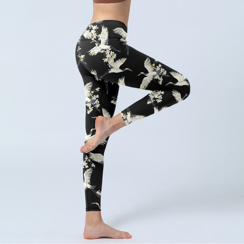 Leggings da palestra con stampa Buddha Stones White Cranes Blossoms, pantaloni da yoga da donna - image 4