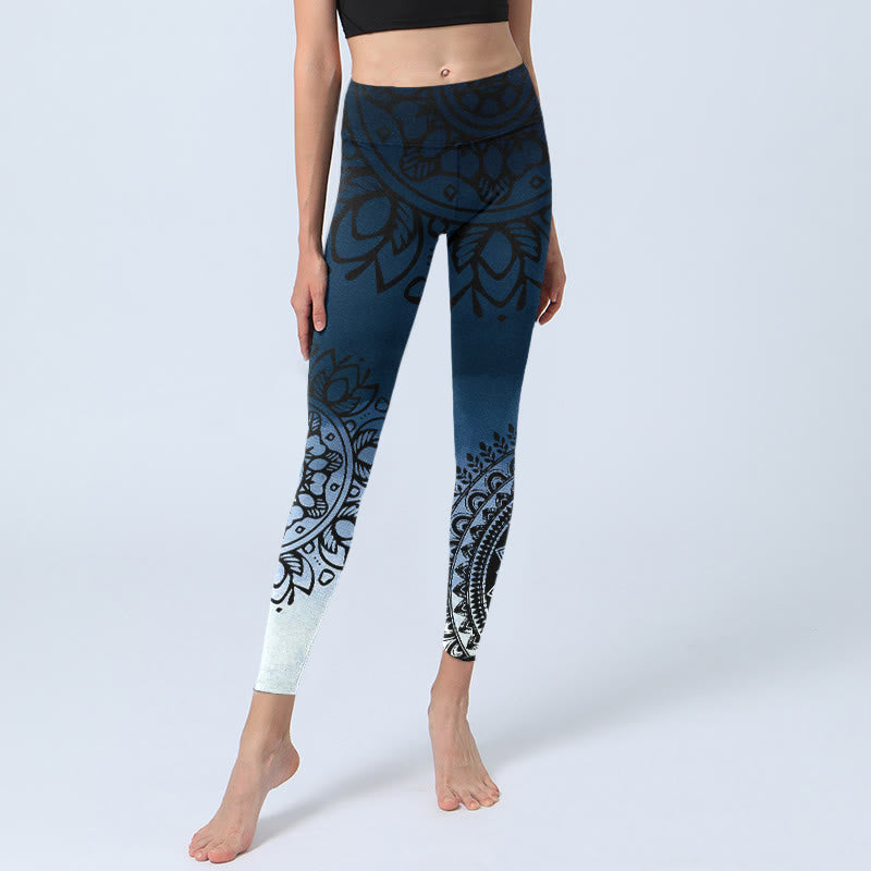 Leggings da palestra con stampa di fiori e mandala circolari con Buddha Stones, pantaloni da yoga da donna - image 5