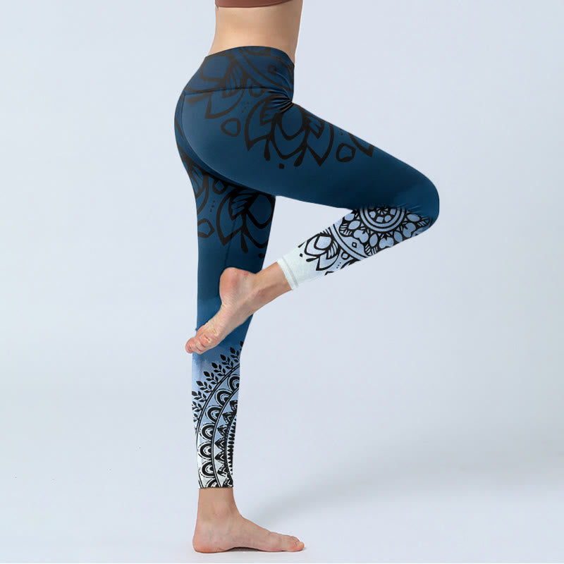 Leggings da palestra con stampa di fiori e mandala circolari con Buddha Stones, pantaloni da yoga da donna - image 3