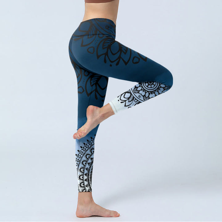 Leggings da palestra con stampa di fiori e mandala circolari con Buddha Stones, pantaloni da yoga da donna - image 3