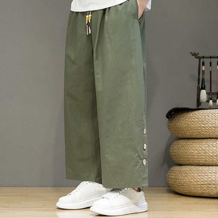 Pantaloni da uomo a gamba dritta con tasche, coulisse, bottoni in lino tinta unita con Buddha Stones - image 27