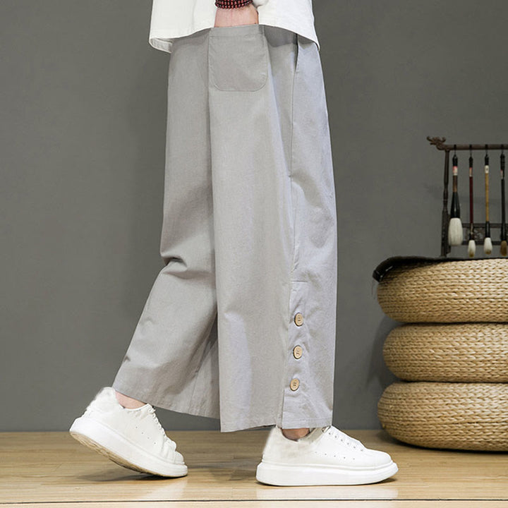 Pantaloni da uomo a gamba dritta con tasche, coulisse, bottoni in lino tinta unita con Buddha Stones - image 19