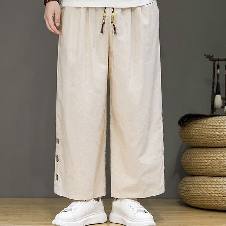 Pantaloni da uomo a gamba dritta con tasche, coulisse, bottoni in lino tinta unita con Buddha Stones - image 2