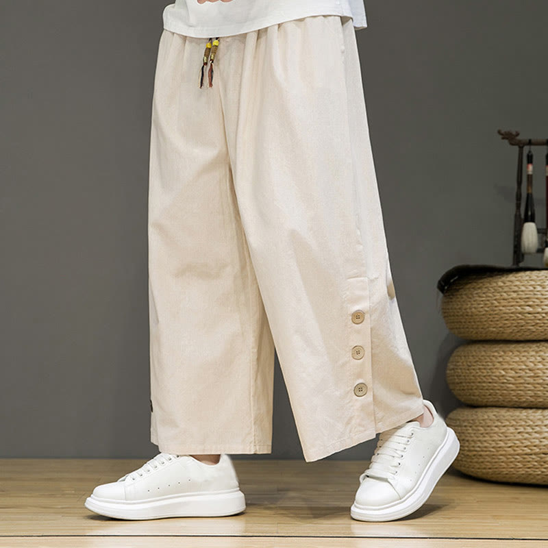 Pantaloni da uomo a gamba dritta con tasche, coulisse, bottoni in lino tinta unita con Buddha Stones - Beige - US/UK/AU46, EU56 (5XL) - image 1